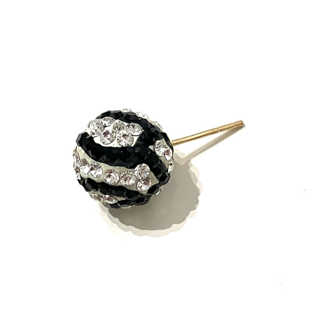 14K Gold Black White Zebra CZ Sparkle Ball Stud Earring